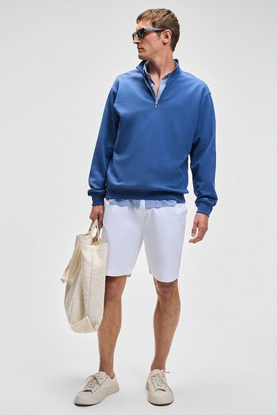 GRIMELANGE Nestor Men's Relaxed Fit Stand Collar Half Zipper Long Sleeve Blue Sweatshirt