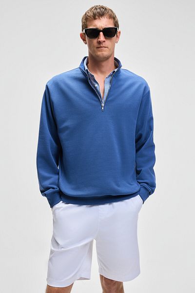 GRIMELANGE Nestor Men's Relaxed Fit Stand Collar Half Zipper Long Sleeve Blue Sweatshirt
