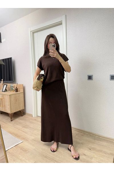 Kadınle Crew Neck Blouse Long Skirted Double Suit Knitwear - Brown