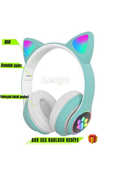 LESGO A+ Kalite Kedi Kulağı Detaylı Bluetooth Kablosuz Rengarenk Işıklı Rgb Çocuk Kulaklık 2025 vers