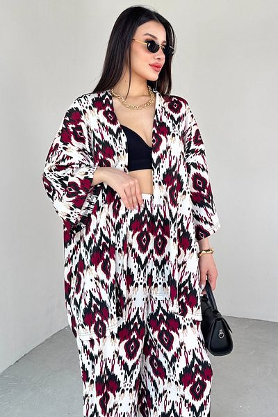 Cappmoda Tkm-13296 Burgundy Ethnic Patterned Kimono & Trousers Double Set