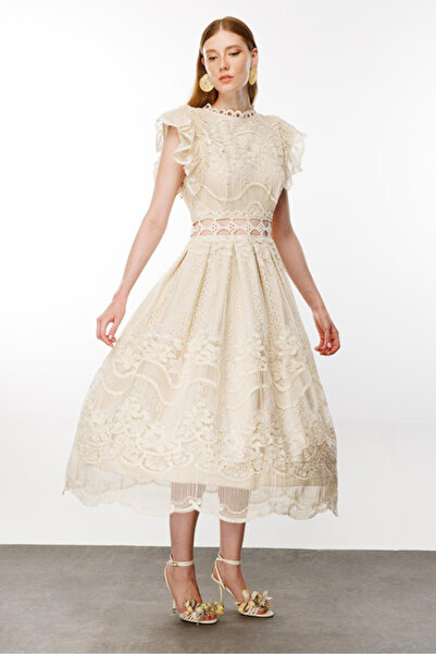 Nefeli Bel Dekolte Şeritli Dantel Elbise Nefeli