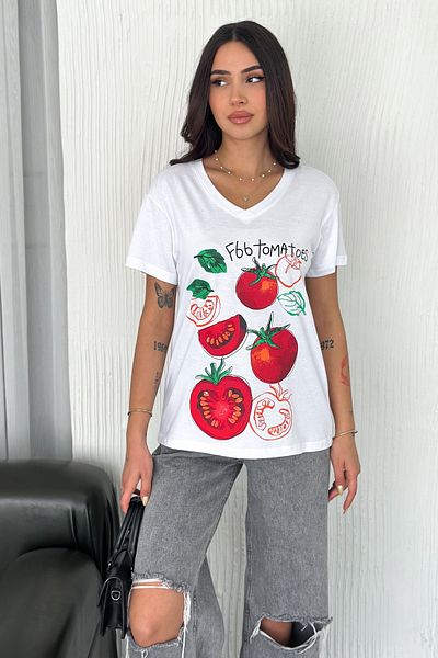 FEMELLE Tricou de damă, 100% bumbac, cu decolteu în V, cu imprimeu roșii albe