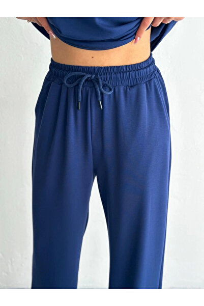 velmorafashion Velmora Osy Modal Soft Textured Fabric Short Sleeve Collared T-Shirt Pantalon Two-Piece Set - Navy Blue -