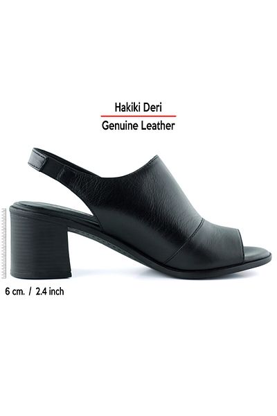 Erkan Saçmacı Emilia Black Genuine Leather Open Back Rubber Band Thick Heeled Comfortable Daily Sandals