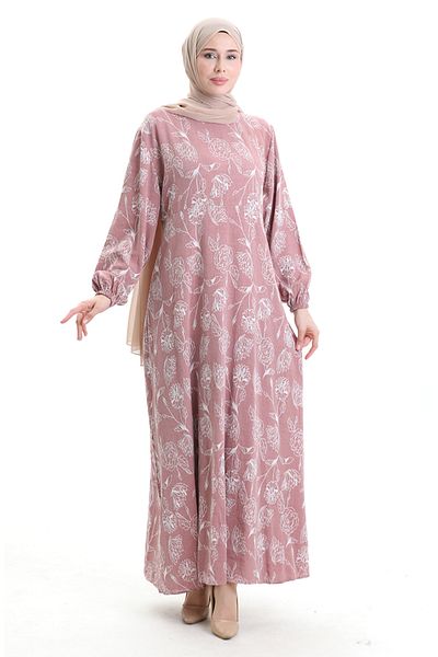 sefamerve Φόρεμα με σχέδια με ελαστικά μανίκια 2046-01 Dusty Rose