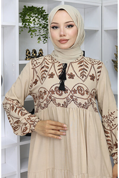 sefamerve Desenli Viskon Elbise 4076-06 Vizon