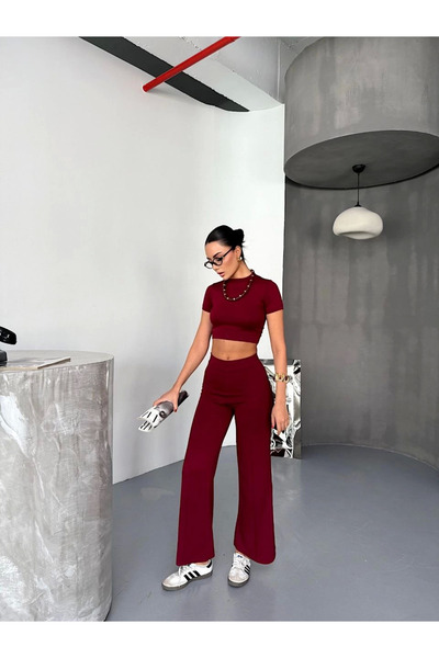velmorafashion Velmora Osy Modal Soft Textured Crop Pantalon Two-Piece Set - Burgundy -