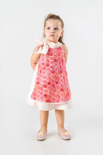 Banamio Lovely 3D Rose Detailed Crepe Fabric Dress with Bow Detail at the Neck