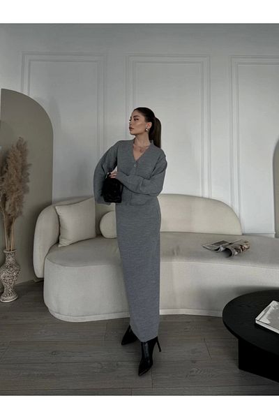 Kadınle V-Neck 3 Button Cardigan Suit Knitwear with Double Skirt - Gray