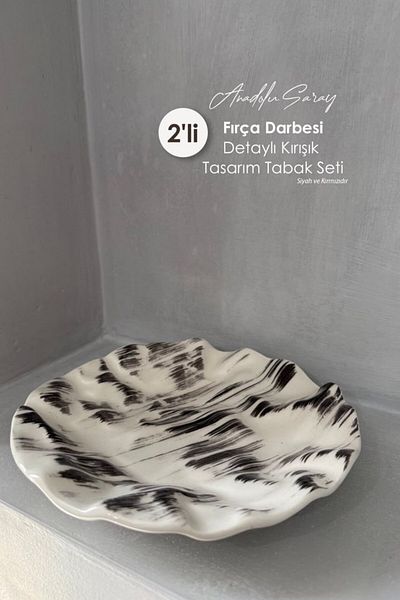 Anadolu Saray 2 Pcs Ceramic Brush Detailed Crinkle Design Handmade Pastry Food Presentation Plate Dessert Breakfast Plate