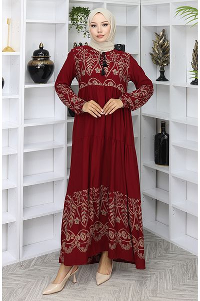sefamerve Φόρεμα βισκόζης με σχέδιο 4076-05 Claret Red