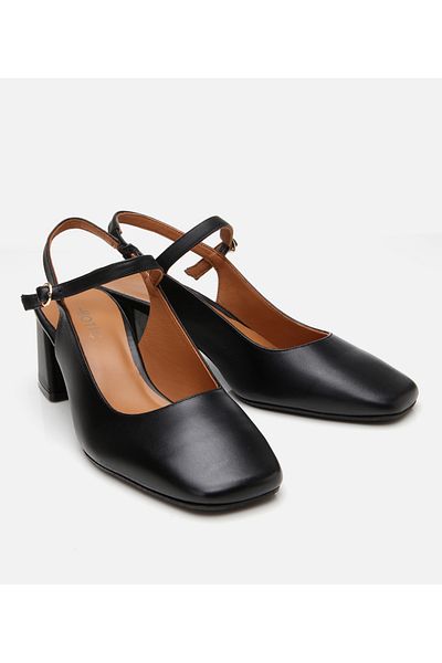 Hotiç Women's Leather Mary Jane Black Slingback Heeled Shoes