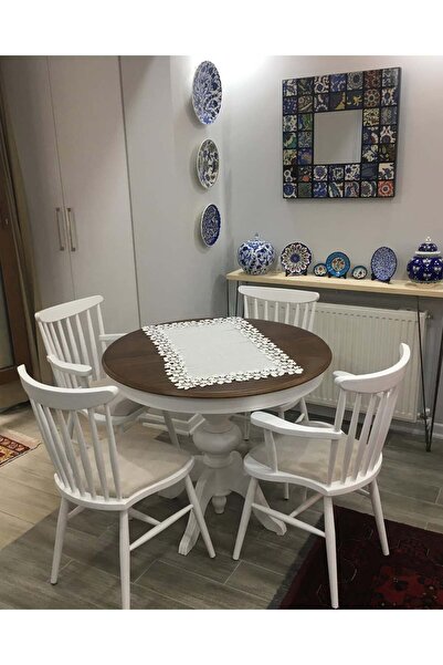 Meser Mobilya EZİNE BEYAZ CEVİZ KAPLAMALI AÇILIR YUVARLAK MUTFAK MASA / 2 KOL...