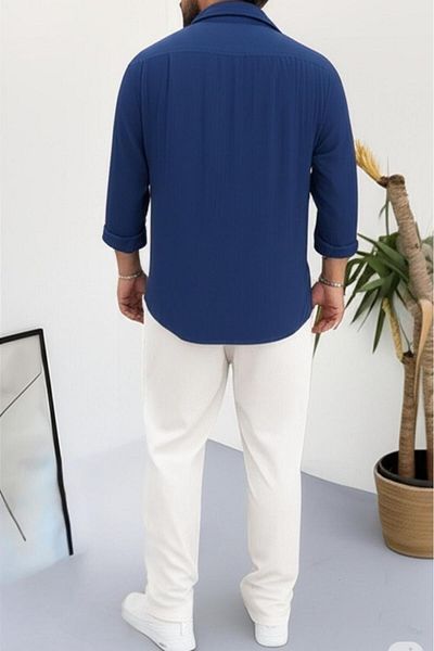 NO 601 Men's Navy Blue Wrap Shirt White Pantalon Suit