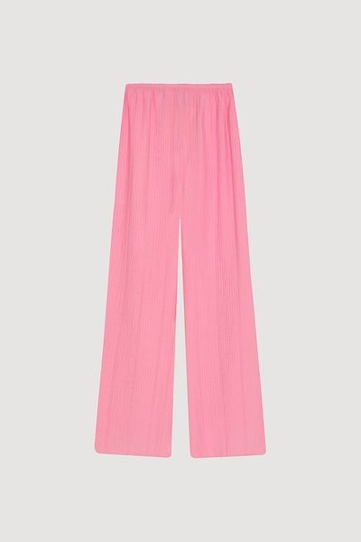 Quzu Wide Leg Trousers - Pink Seersucker Fabric