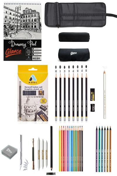 GLANCE Sketchbook Adel Graduated Pencils Set of 8 Metallic Highlighter Pastel Pencils with Bag Drawing Sketching