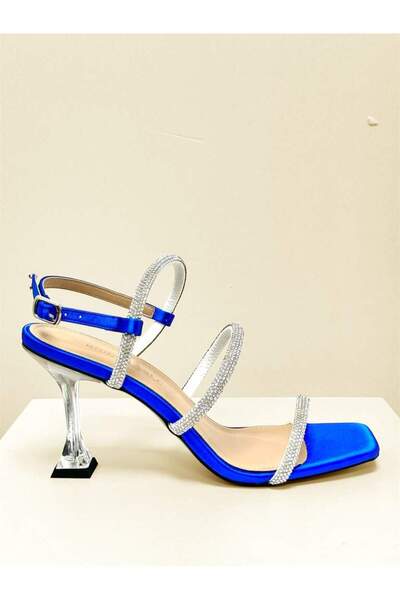 KRISTE BELL 6138 SAKS MAVİ SATEN 3 BANT TAŞLI KADIN ABİYE TOPUKLU KADIN AYAKKABI