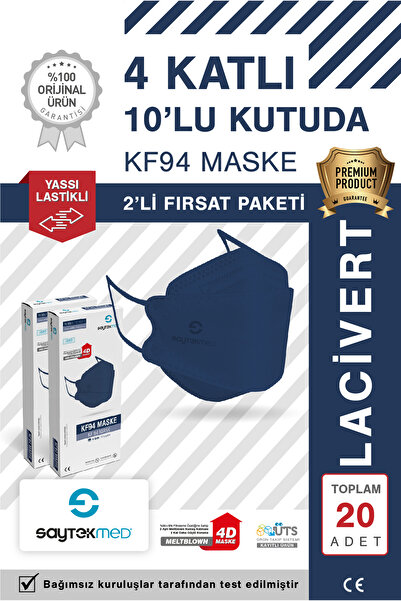 SAYTEKMED KF94 Kore Tipi, 4 katlı, LACİVERT Maske, Tekli Paket, UV Steril (2 Kutu/ 20 Adet)