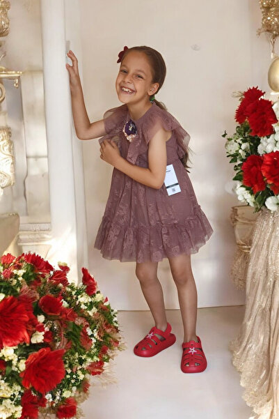 MMG KIDS WEAR YAKASI BROŞLU DANTELLİ KISA KOL ÖZEL GÜN&DAVET KIZ ELBİSE