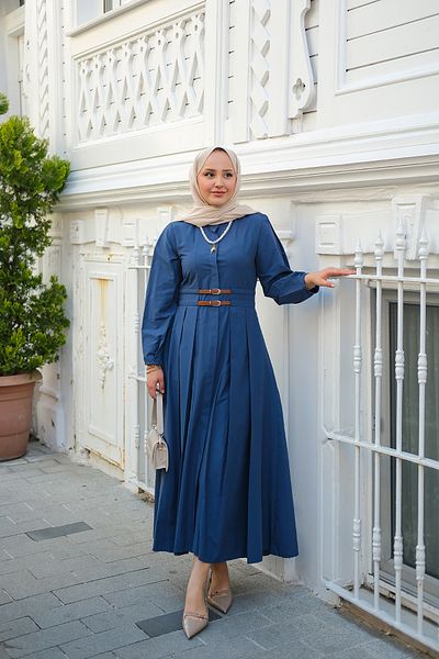 LOCCO Дамска рокля с двоен колан, тъмносиня