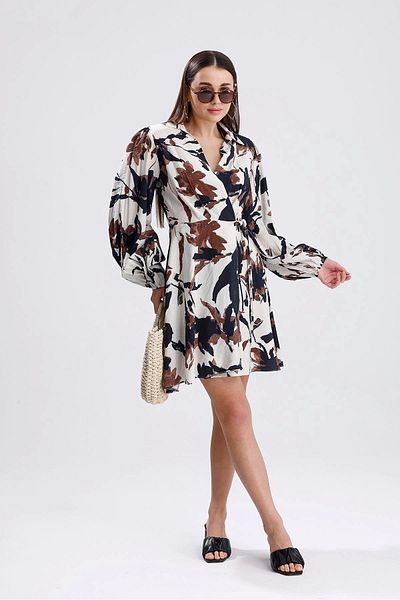 GIDY Front Tie Double Breasted Collar Printed Dress - Brown