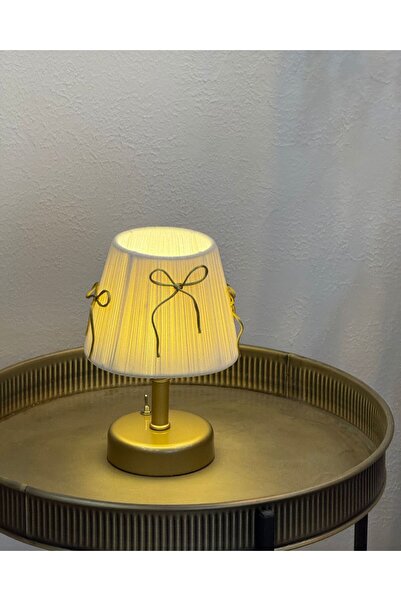 Maison Avf Krem Kadife Süet Gold Fiyonk Kurdele Kablosuz Masa Lambası - Alt Eskitme Gold