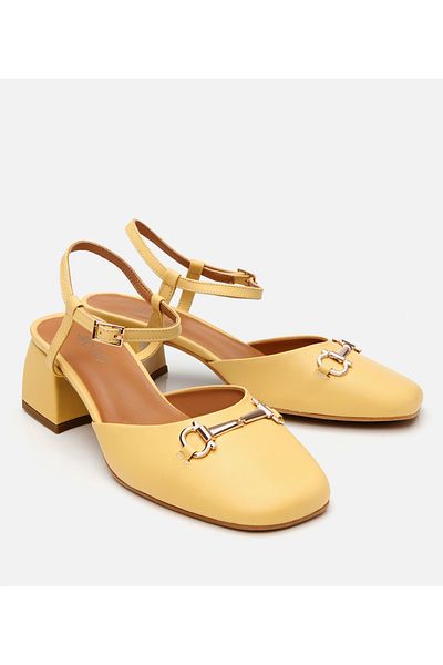 Hotiç Women's Leather Yellow Buckle Open Back Heeled Shoes