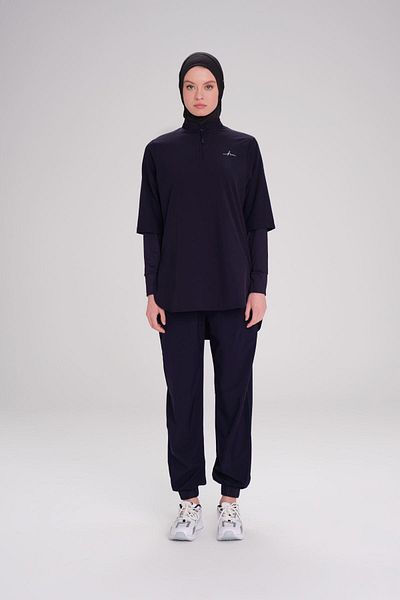 Haşema Active Long Sleeve Zippered Collar Navy Blue Hijab Training T-Shirt Act-9