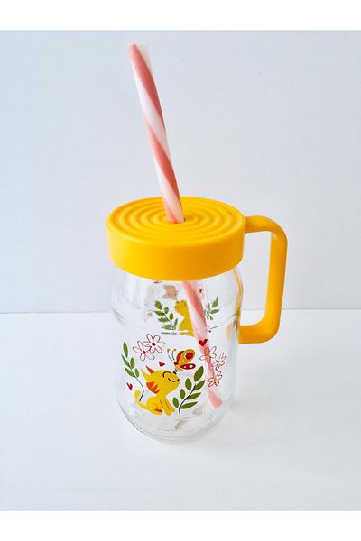 Herevin كوب زجاجي منقوش على شكل قطة سعة 370 سم مكعب مع شفاطة ومقبض / خالي من مادة BPA