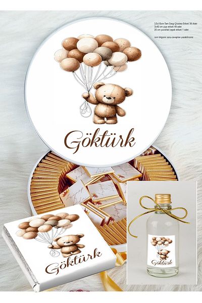 43 cici süsler organizasyon Gift Children's Brown Teddy Bear Bottle, Madlen Chocolate and Box Tag