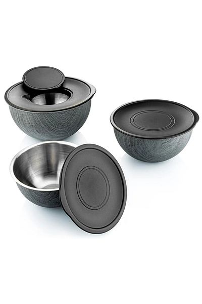 Bambum Rose Wood 3-Piece Metal Mixing Bowl - Anthracite