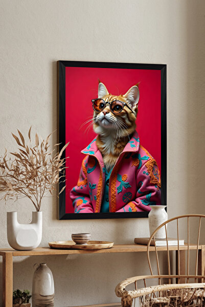 Artavessa Tek Parça Siyah Çerçeve Görünümlü Kedi Baskılı MDF 48x33 cm Tablo -...