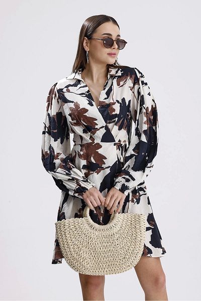 GIDY Front Tie Double Breasted Collar Printed Dress - Brown