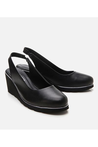 Hotiç Women's Leather Black Buckle Wedge Heeled Shoes