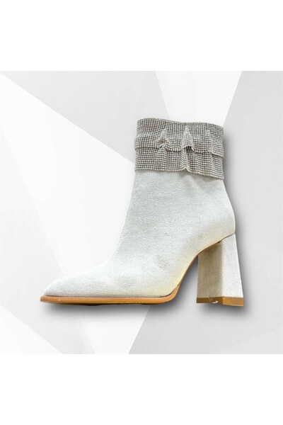 KRISTE BELL 5024 SÜET GRİ KADIN TOPUKLU BOT TAŞ DETAYLI KIŞLIK AYAKKABI