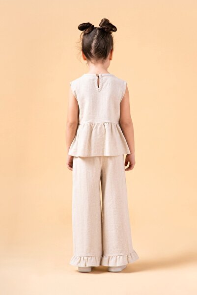 Banamio İndila Bow Detailed Wide Leg Relaxed Cut Linen Two-Piece Set with Pockets