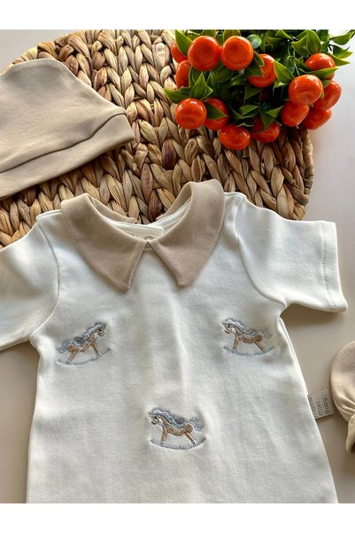 Mama Miel Baby Rocking Horse Embroidered Summer Newborn Romper Set | Rocking Horse Embroidered Hospital Release - Summer
