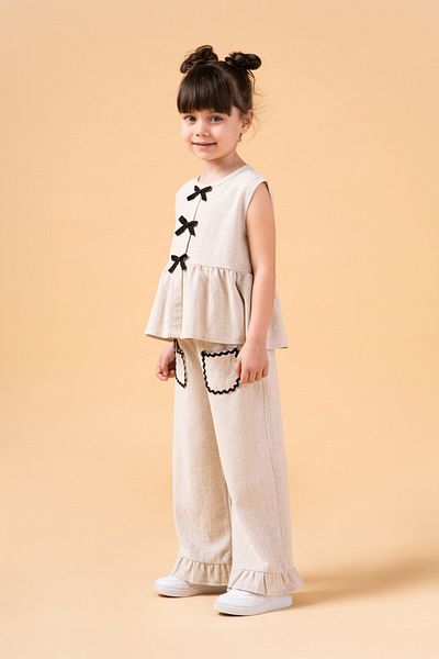 Banamio İndila Bow Detailed Wide Leg Relaxed Cut Linen Two-Piece Set with Pockets