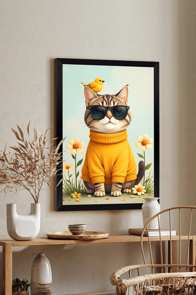 One Piece Black Frame Look Cat Printed MDF 20x30 cm Table - Model 4