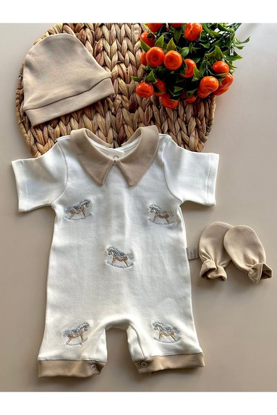 Mama Miel Baby Rocking Horse Embroidered Summer Newborn Romper Set | Rocking Horse Embroidered Hospital Release - Summer