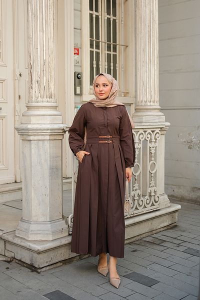 LOCCO Γυναικείο φόρεμα με διπλή ζώνη καφέ
