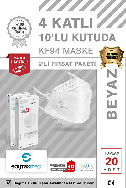 SAYTEKMED KF94 Kore Tipi, 4 katlı, BEYAZ Maske, Tekli Paket, UV Steril (2 Kutu/ 20 Adet)