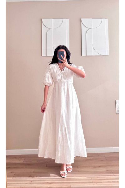 LOCH BUTİK Rochie midi de muselină albă cu șireturi de damă