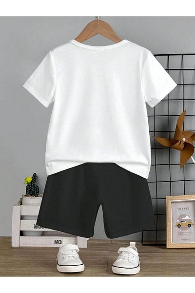 CLAYES White T-shirt and Black Shorts - Heart Printed, Cotton Kids Set, Crew Neck