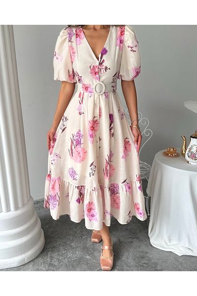 Afiş Butik Ecru Floral Patterned Belted Midi Dress