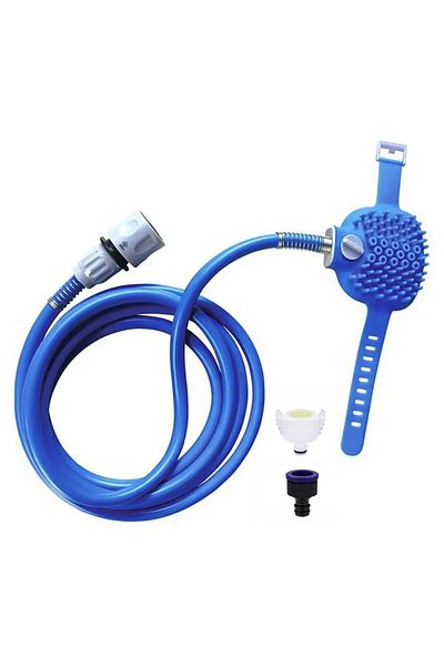 zola Animal washing/massage brush, with 160 cm hose, rubber inserts, blue