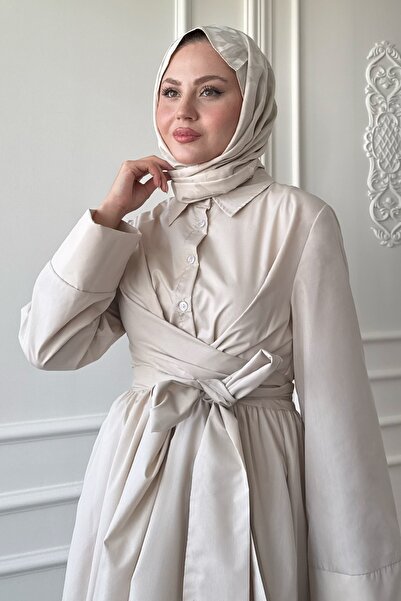 InStyle Geniş Kol Bağlama Detay Poplin Taş Elbise