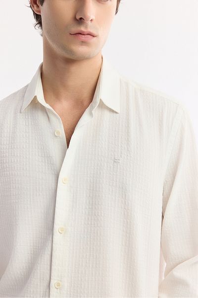 Avva Men's White Bottom Brit Collar Viscose Blended Textured Shirt A51Y2136