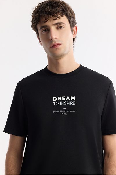 Avva Men's Black Crew Neck Slogan Printed Interlock T-Shirt A51Y1140